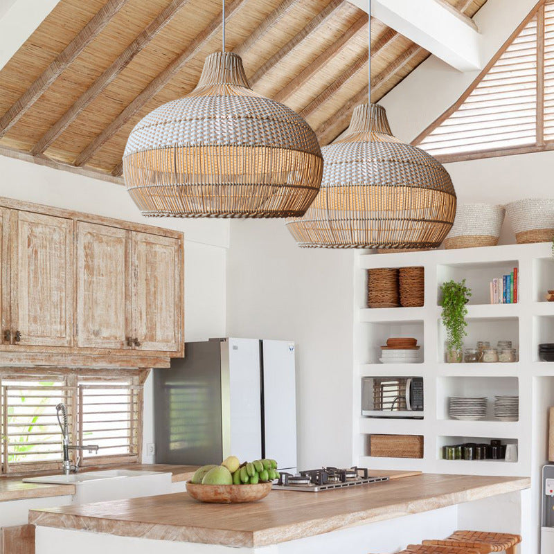 Handgeweven Hanglamp voor Keukeneiland Rieten Lampenkap