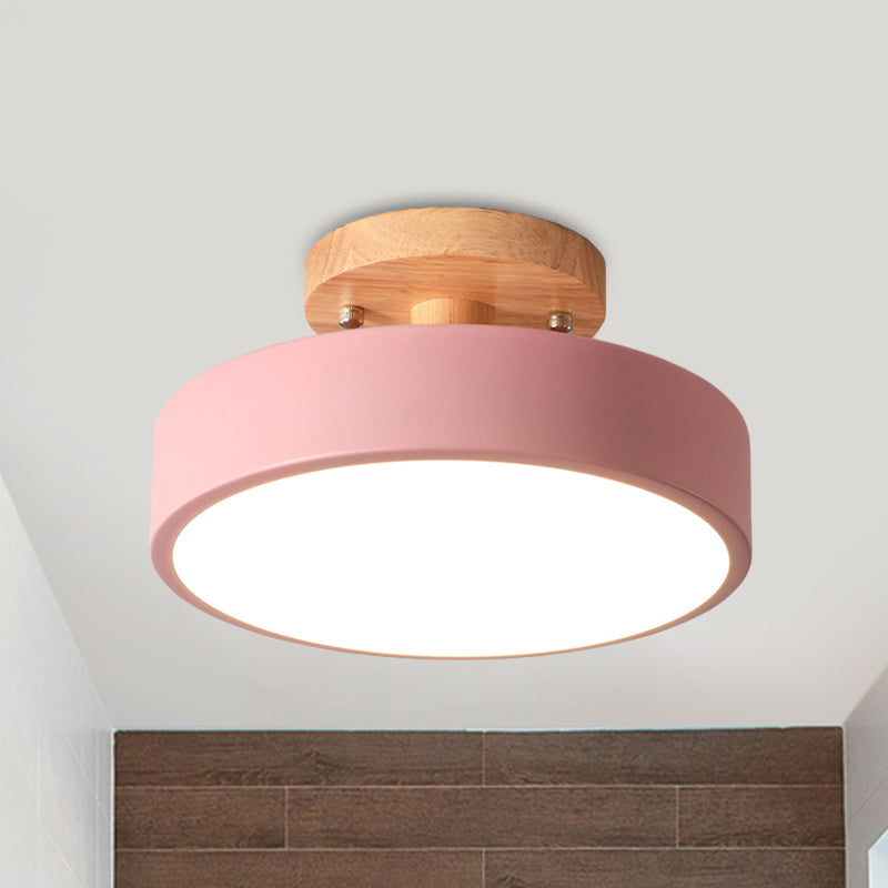 Zenthra LED Plafondlamp Plafonniere met Houten Kap - Moderne IJzeren Drum in Wit/Groen/Grijs