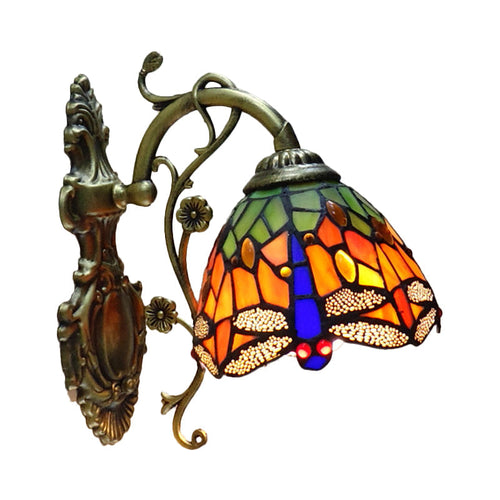 Hand-gesneden Glas Vleermuis Wandlamp Tiffany Stijl 1 Licht Wandgemonteerde Verlichtingsarmatuur met Gegraveerde Achterplaat