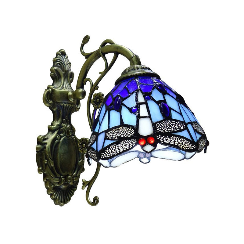 Hand-gesneden Glas Vleermuis Wandlamp Tiffany Stijl 1 Licht Wandgemonteerde Verlichtingsarmatuur met Gegraveerde Achterplaat