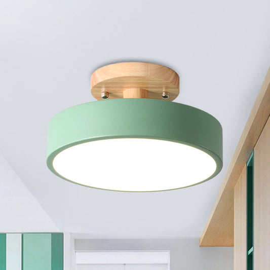 Zenthra LED Plafondlamp Plafonniere met Houten Kap - Moderne IJzeren Drum in Wit/Groen/Grijs
