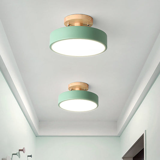 Zenthra LED Plafondlamp Plafonniere met Houten Kap - Moderne IJzeren Drum in Wit/Groen/Grijs