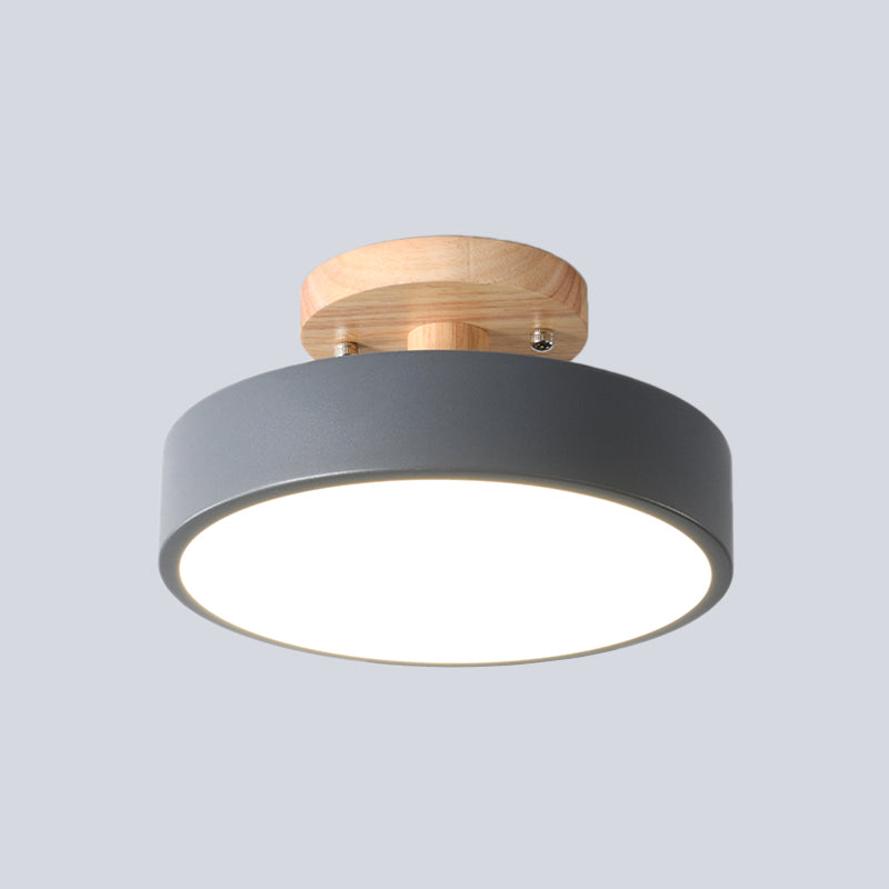 Zenthra LED Plafondlamp Plafonniere met Houten Kap - Moderne IJzeren Drum in Wit/Groen/Grijs