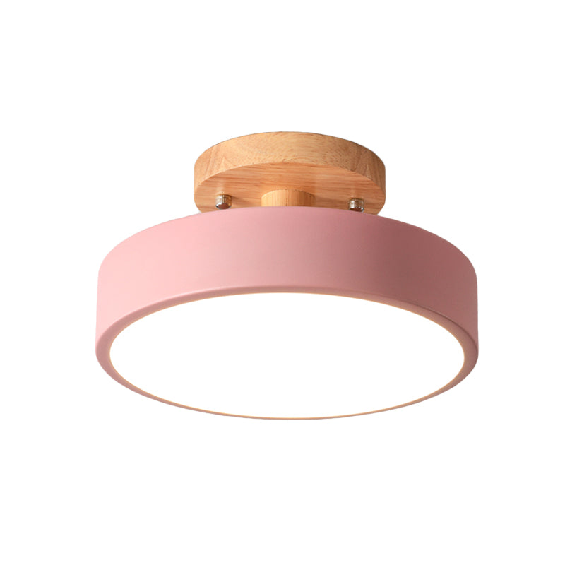 Zenthra LED Plafondlamp Plafonniere met Houten Kap - Moderne IJzeren Drum in Wit/Groen/Grijs
