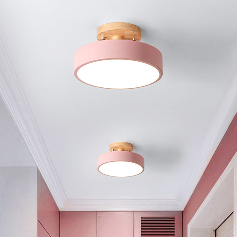 Zenthra LED Plafondlamp Plafonniere met Houten Kap - Moderne IJzeren Drum in Wit/Groen/Grijs