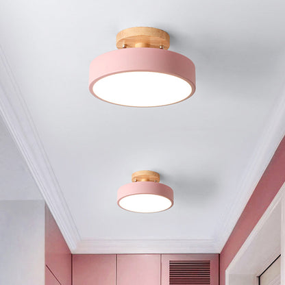 Zenthra LED Plafondlamp Plafonniere met Houten Kap - Moderne IJzeren Drum in Wit/Groen/Grijs
